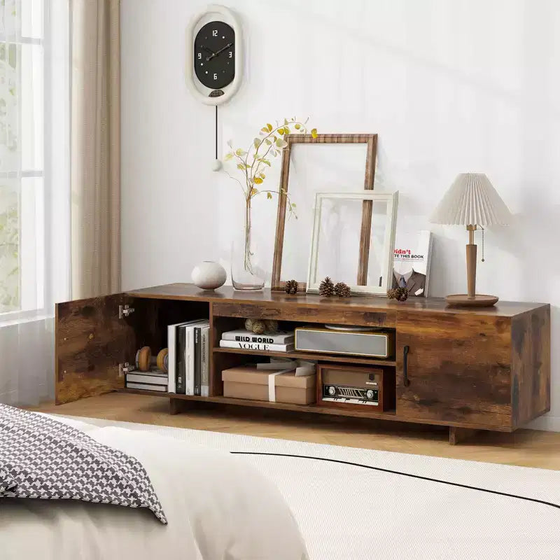 Costway TV Stand for 70 TVs Modern Entertain Center with Power Outlet & 2 Cable Holes Brown/Black