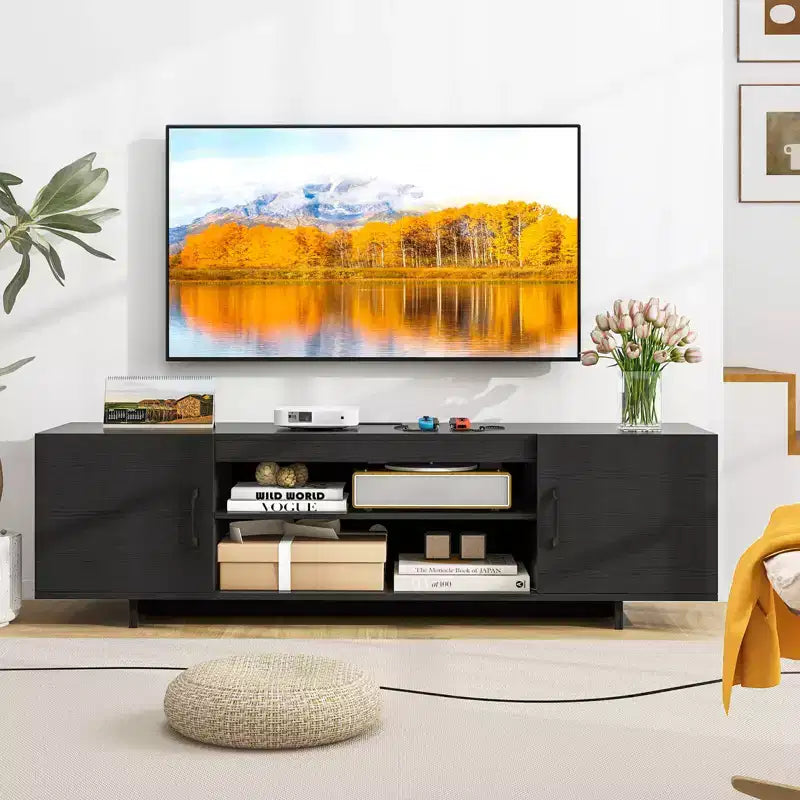 Costway TV Stand for 70 TVs Modern Entertain Center with Power Outlet & 2 Cable Holes Brown/Black