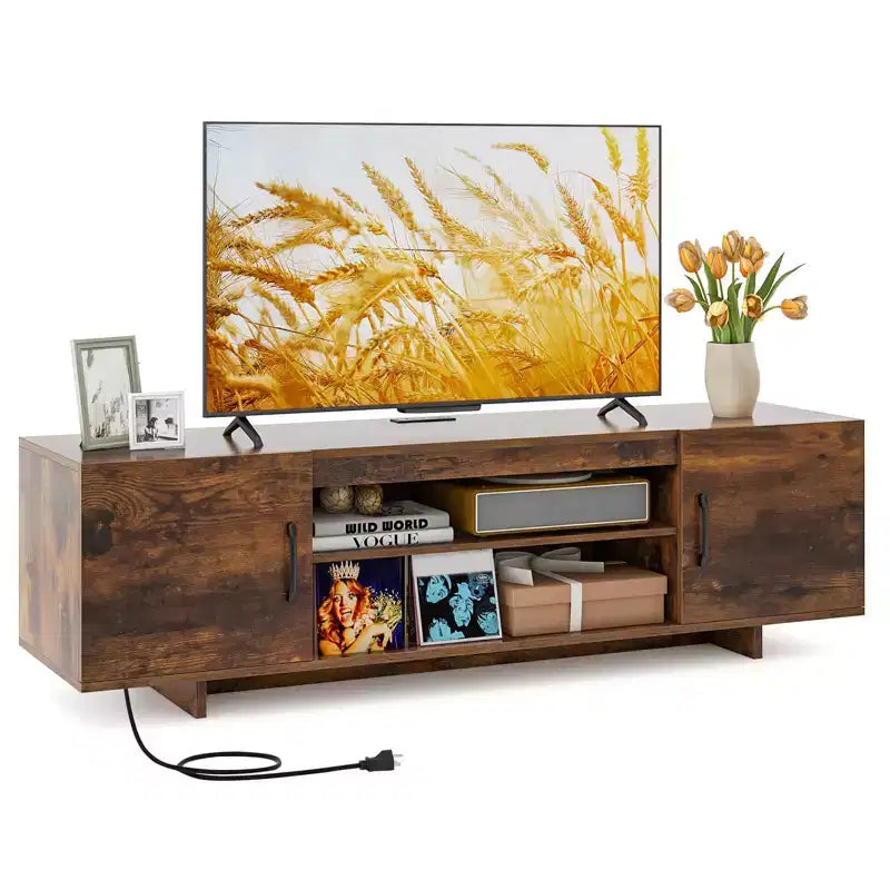 Costway TV Stand for 70 TVs Modern Entertain Center with Power Outlet & 2 Cable Holes Brown/Black