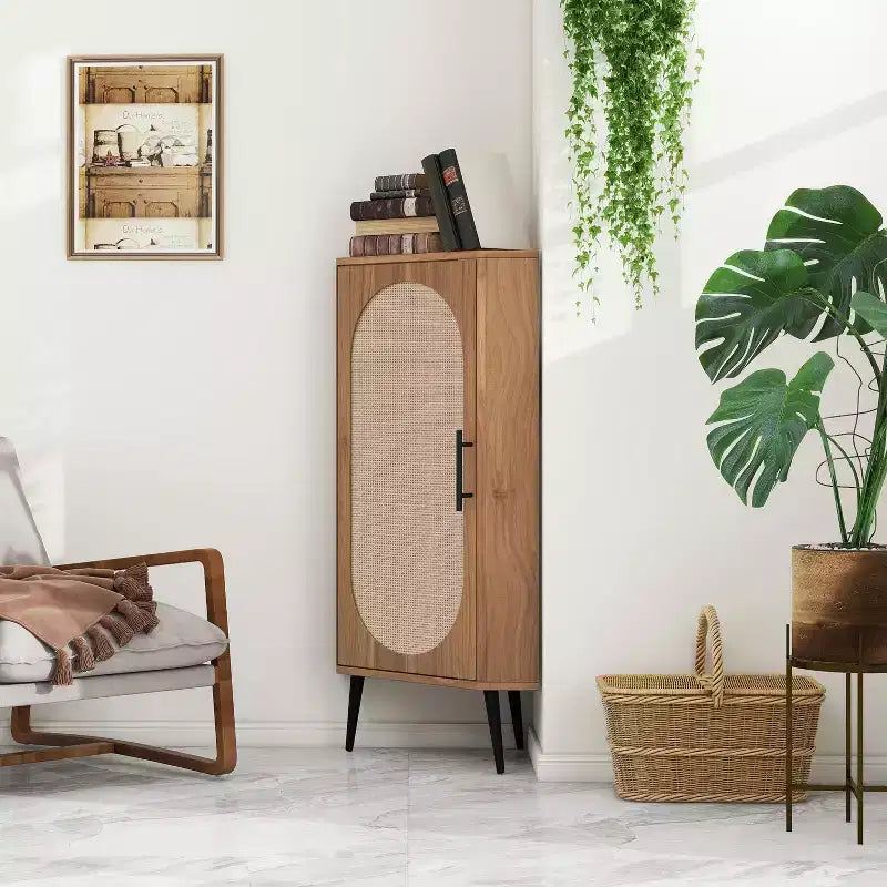 MAYEERTY Walnut Corner Cabinet with Rattan-Door, Freestanding Storage for Living Room Small Spaces