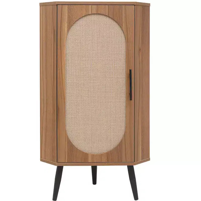 MAYEERTY Walnut Corner Cabinet with Rattan-Door, Freestanding Storage for Living Room Small Spaces
