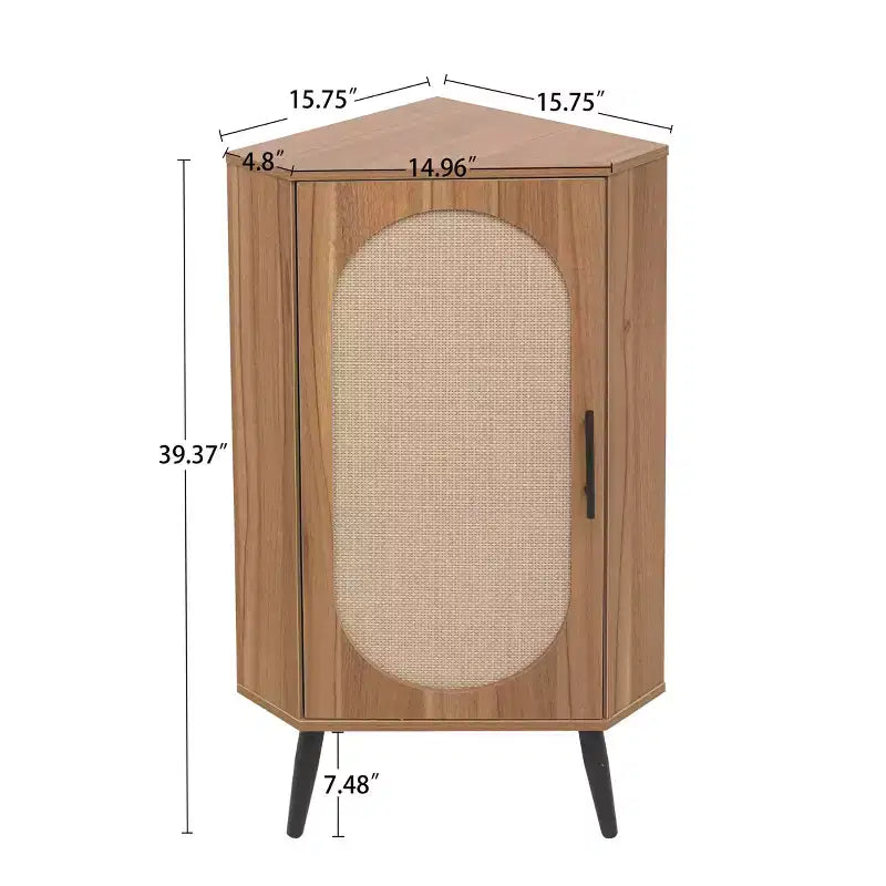 MAYEERTY Walnut Corner Cabinet with Rattan-Door, Freestanding Storage for Living Room Small Spaces