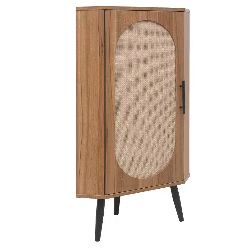 MAYEERTY Walnut Corner Cabinet with Rattan-Door, Freestanding Storage for Living Room Small Spaces