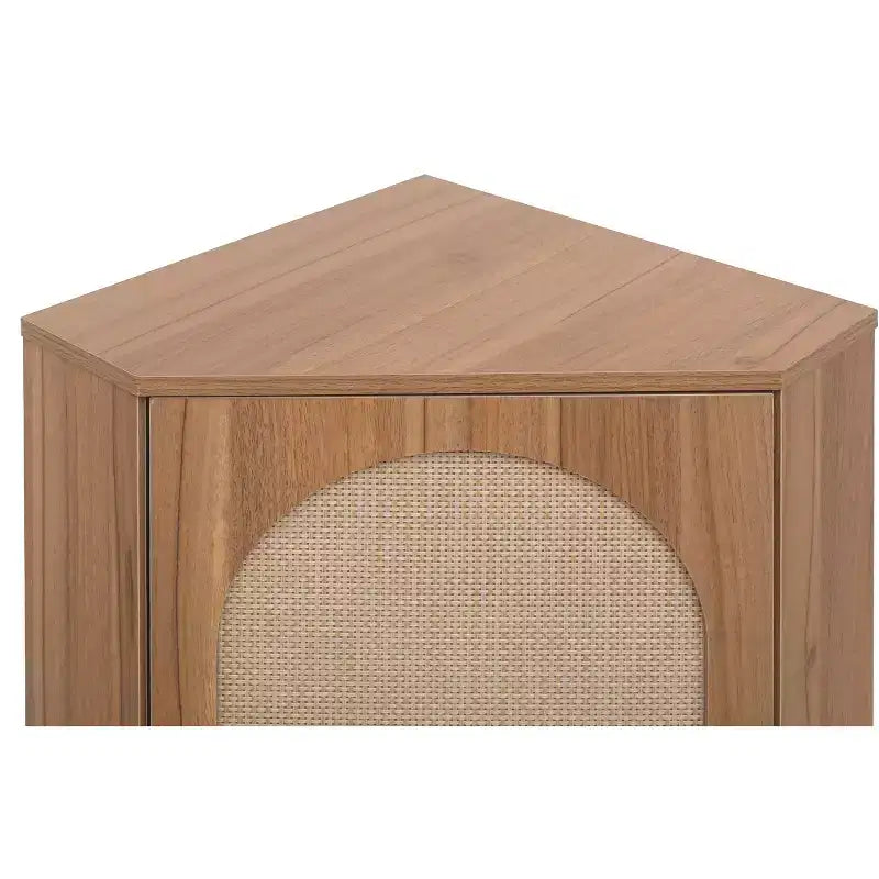 MAYEERTY Walnut Corner Cabinet with Rattan-Door, Freestanding Storage for Living Room Small Spaces
