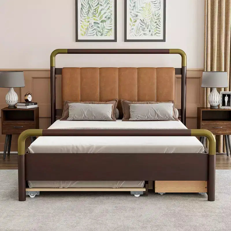 Queen Size Storage Platform Bed with 2 Big Drawers, T-XL Size Trundle and PU Upholstered Backrest, White/Walnut-ModernLuxe