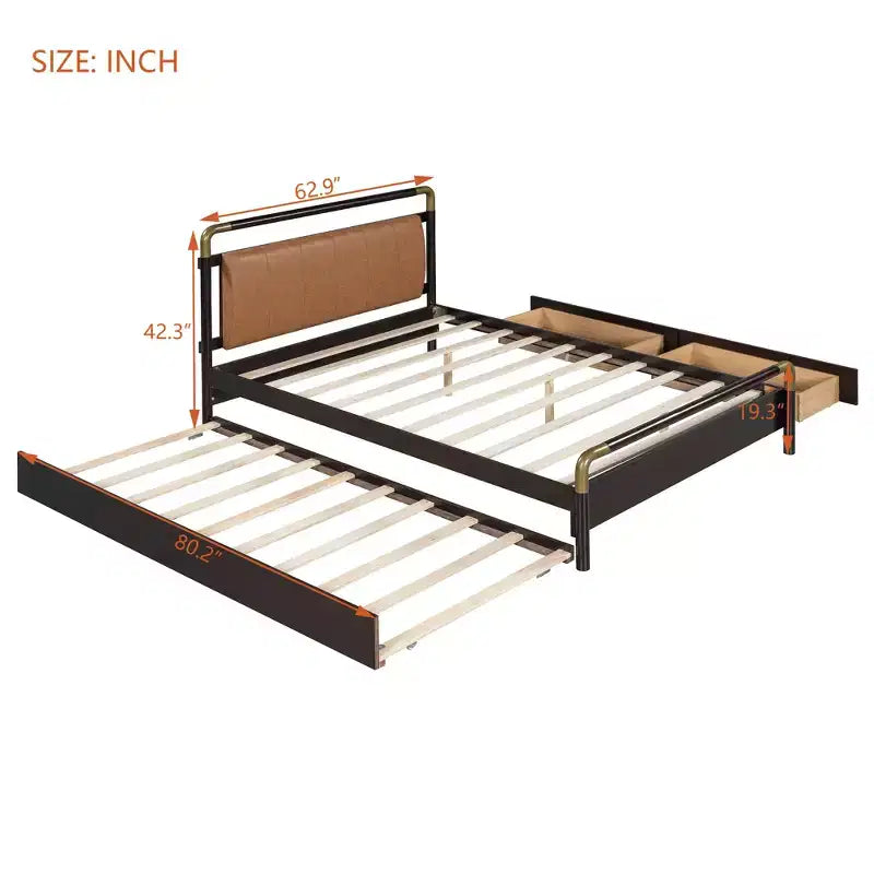 Queen Size Storage Platform Bed with 2 Big Drawers, T-XL Size Trundle and PU Upholstered Backrest, White/Walnut-ModernLuxe