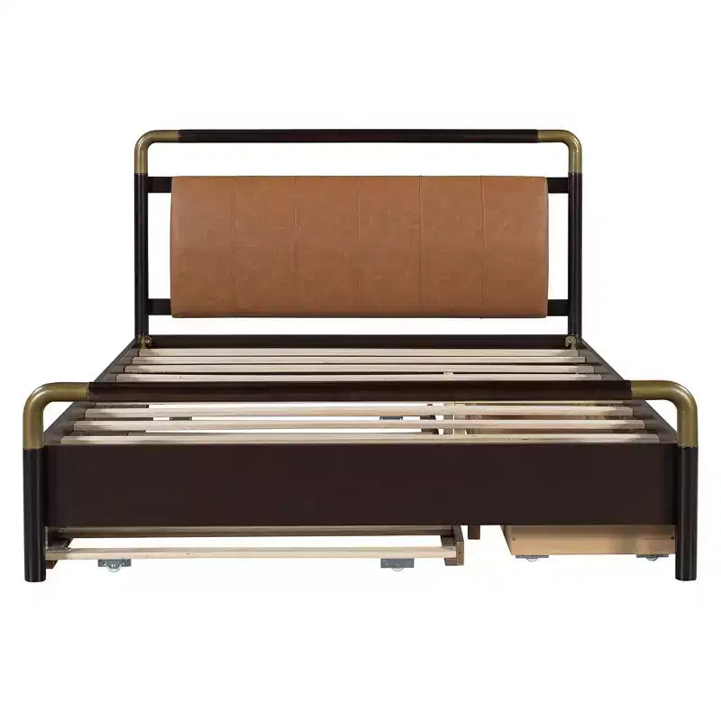 Queen Size Storage Platform Bed with 2 Big Drawers, T-XL Size Trundle and PU Upholstered Backrest, White/Walnut-ModernLuxe