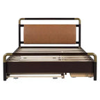 Queen Size Storage Platform Bed with 2 Big Drawers, T-XL Size Trundle and PU Upholstered Backrest, White/Walnut-ModernLuxe