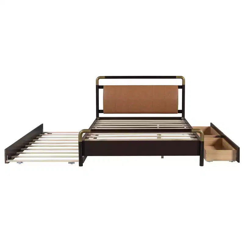 Queen Size Storage Platform Bed with 2 Big Drawers, T-XL Size Trundle and PU Upholstered Backrest, White/Walnut-ModernLuxe