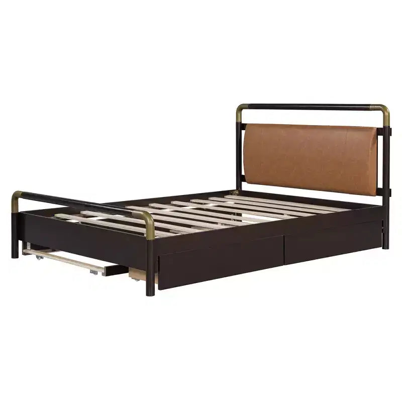 Queen Size Storage Platform Bed with 2 Big Drawers, T-XL Size Trundle and PU Upholstered Backrest, White/Walnut-ModernLuxe