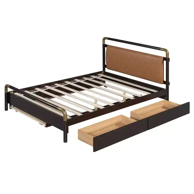 Queen Size Storage Platform Bed with 2 Big Drawers, T-XL Size Trundle and PU Upholstered Backrest, White/Walnut-ModernLuxe