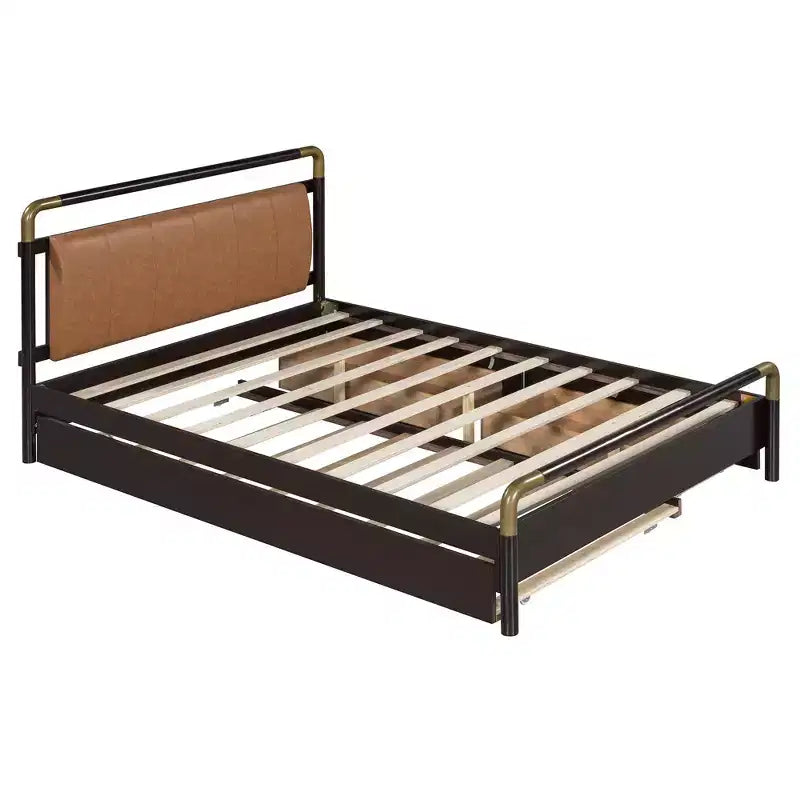 Queen Size Storage Platform Bed with 2 Big Drawers, T-XL Size Trundle and PU Upholstered Backrest, White/Walnut-ModernLuxe