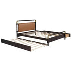 Queen Size Storage Platform Bed with 2 Big Drawers, T-XL Size Trundle and PU Upholstered Backrest, White/Walnut-ModernLuxe