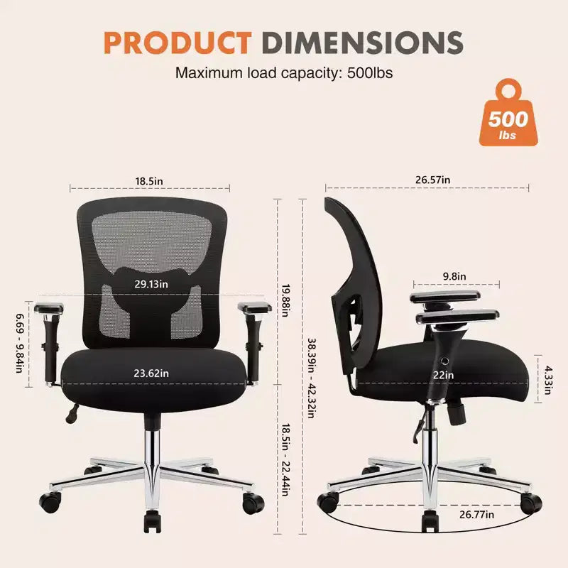 Big and Tall Office Desk Chair with Lumbar Support, 500LBS Heavy Duty Mesh Ergonomic Computer Chair with Arm and Wide Comfy Seat