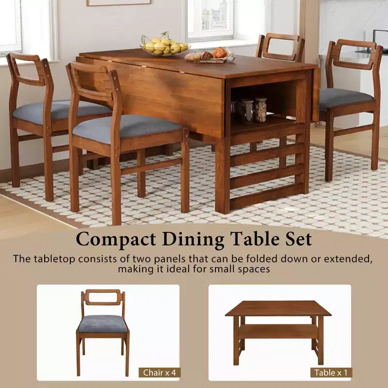 ModernLuxe 5 PCS Extendable Dining Table Set for 4, Dining Set Dinette Kitchen Table Set with Drop Leaves, Storage Shelf, 4 Upholstered Chairs