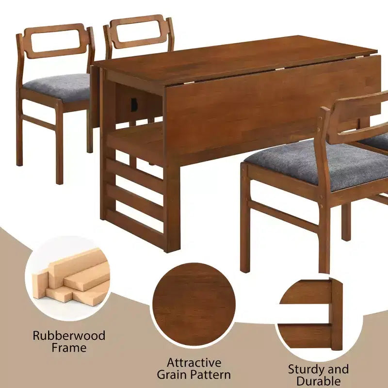 ModernLuxe 5 PCS Extendable Dining Table Set for 4, Dining Set Dinette Kitchen Table Set with Drop Leaves, Storage Shelf, 4 Upholstered Chairs