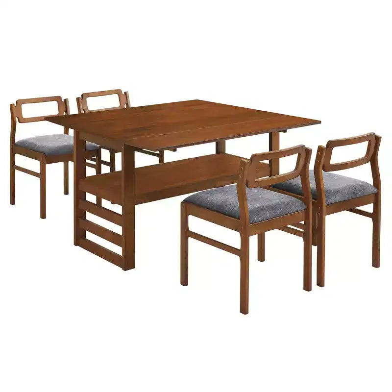 ModernLuxe 5 PCS Extendable Dining Table Set for 4, Dining Set Dinette Kitchen Table Set with Drop Leaves, Storage Shelf, 4 Upholstered Chairs