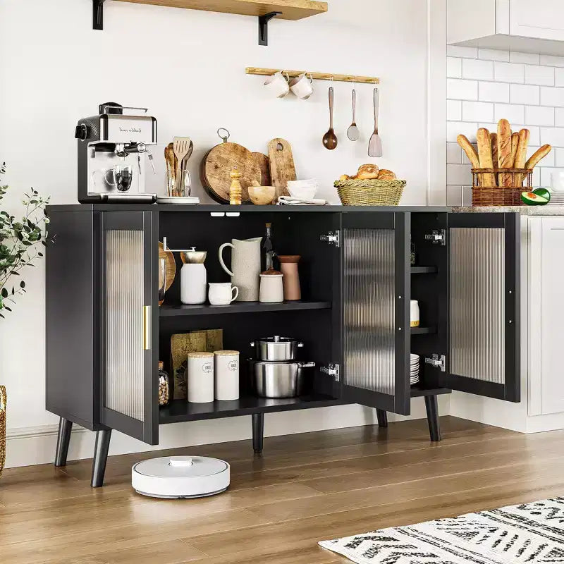 Sideboard Buffet Cabinet, 47.6 Black Buffet Cabinet, Modern Sideboard Kitchen Cabinet with Glass Door and Removable Shelves