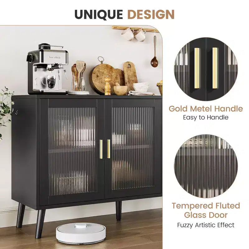 Sideboard Buffet Cabinet, 47.6 Black Buffet Cabinet, Modern Sideboard Kitchen Cabinet with Glass Door and Removable Shelves
