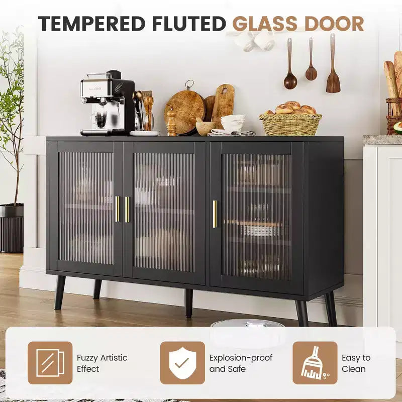 Sideboard Buffet Cabinet, 47.6 Black Buffet Cabinet, Modern Sideboard Kitchen Cabinet with Glass Door and Removable Shelves