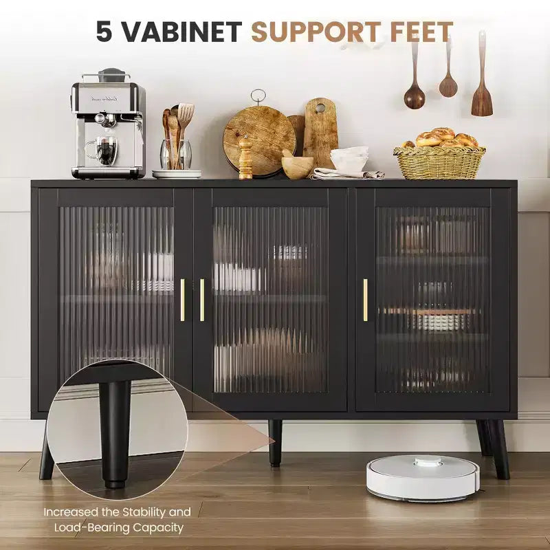 Sideboard Buffet Cabinet, 47.6 Black Buffet Cabinet, Modern Sideboard Kitchen Cabinet with Glass Door and Removable Shelves