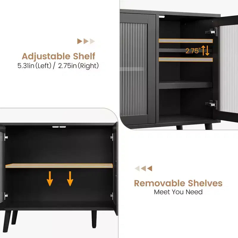 Sideboard Buffet Cabinet, 47.6 Black Buffet Cabinet, Modern Sideboard Kitchen Cabinet with Glass Door and Removable Shelves