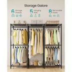Ink Black Heavy - Duty Clothing Rack - Adjustable Storage Shelves, Hanging Rails, Hooks. Freestanding Portable Wardrobe Closet Rack