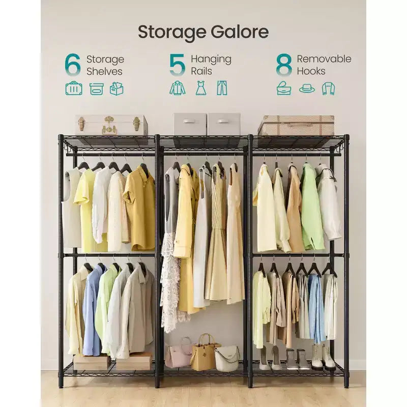 Ink Black Heavy - Duty Clothing Rack - Adjustable Storage Shelves, Hanging Rails, Hooks. Freestanding Portable Wardrobe Closet Rack