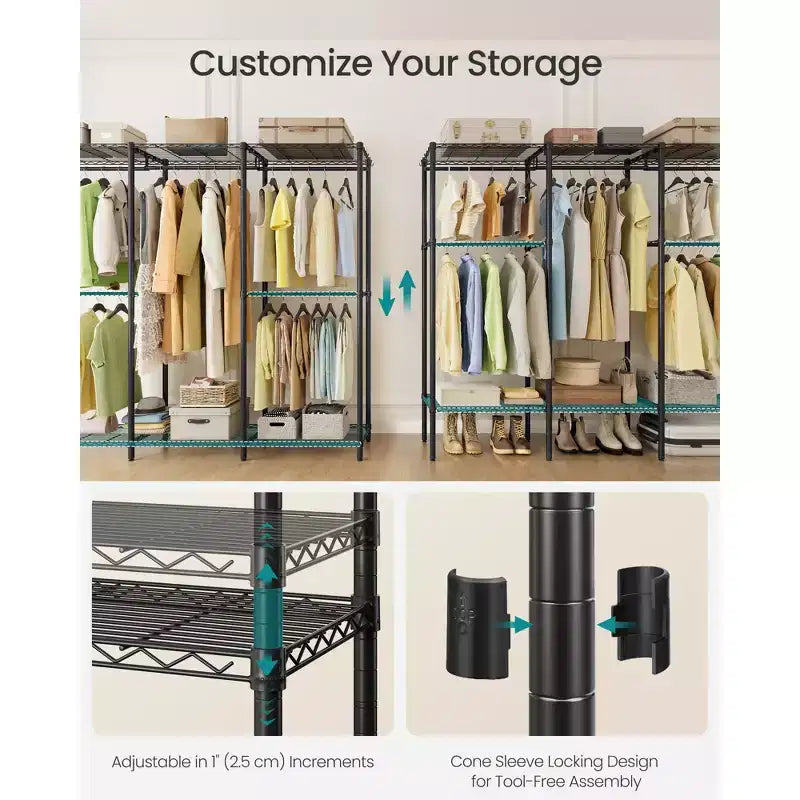 Ink Black Heavy - Duty Clothing Rack - Adjustable Storage Shelves, Hanging Rails, Hooks. Freestanding Portable Wardrobe Closet Rack