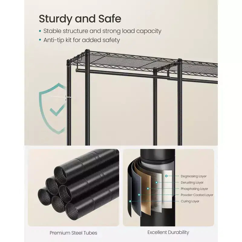 Ink Black Heavy - Duty Clothing Rack - Adjustable Storage Shelves, Hanging Rails, Hooks. Freestanding Portable Wardrobe Closet Rack