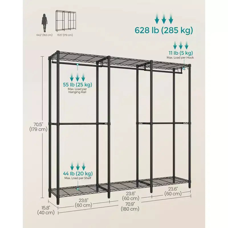 Ink Black Heavy - Duty Clothing Rack - Adjustable Storage Shelves, Hanging Rails, Hooks. Freestanding Portable Wardrobe Closet Rack
