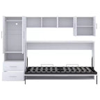 Twin Size Murphy Bed Wall Bed Frame, Wood Cabinet Bed with Built-in Wardrobe, Storage Drawers and Open Shelves, White -ModernLuxe