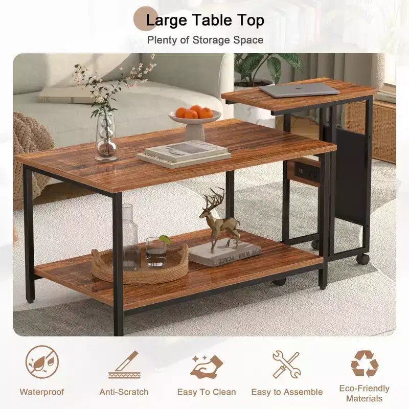 VECELO Nesting Coffee Table Set of 2, Adjustable Tables for Living Room, Nesting Table Set with USB Ports & Wheels, Brown