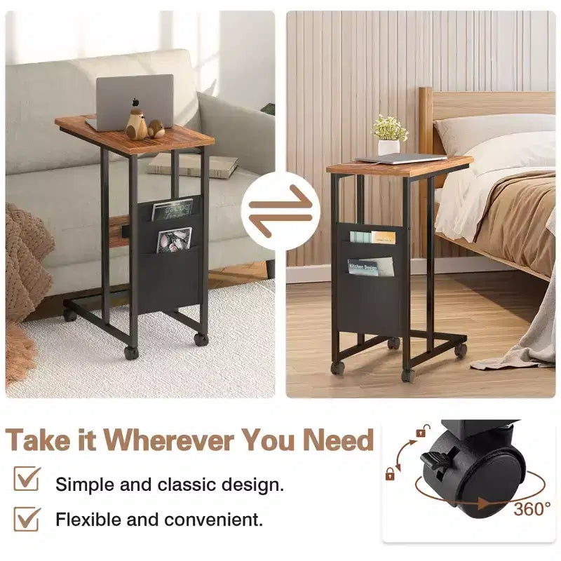 VECELO Nesting Coffee Table Set of 2, Adjustable Tables for Living Room, Nesting Table Set with USB Ports & Wheels, Brown