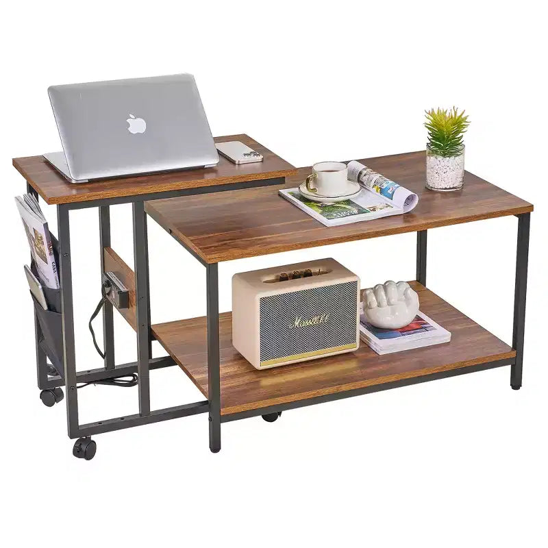 VECELO Nesting Coffee Table Set of 2, Adjustable Tables for Living Room, Nesting Table Set with USB Ports & Wheels, Brown