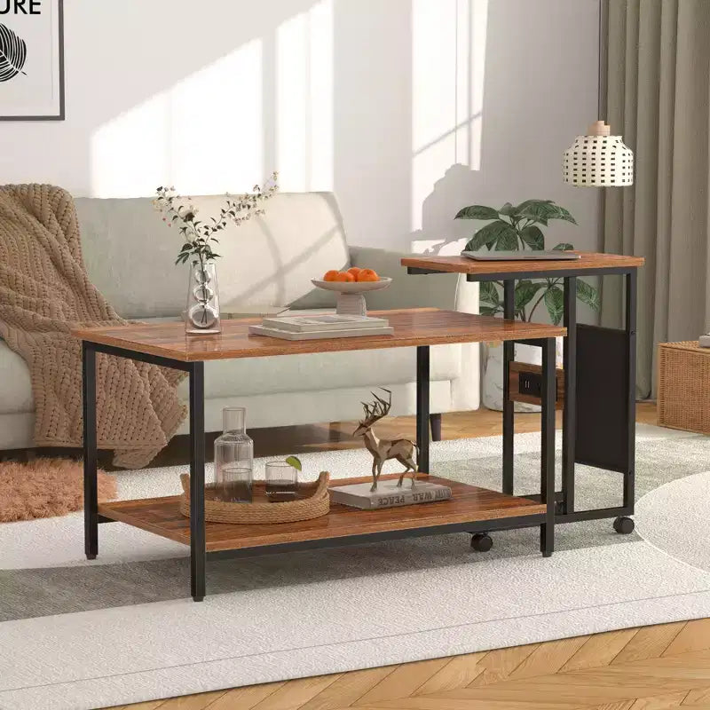 VECELO Nesting Coffee Table Set of 2, Adjustable Tables for Living Room, Nesting Table Set with USB Ports & Wheels, Brown