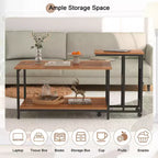 VECELO Nesting Coffee Table Set of 2, Adjustable Tables for Living Room, Nesting Table Set with USB Ports & Wheels, Brown