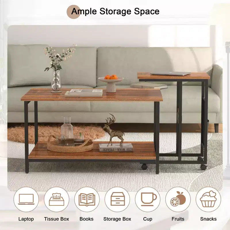 VECELO Nesting Coffee Table Set of 2, Adjustable Tables for Living Room, Nesting Table Set with USB Ports & Wheels, Brown