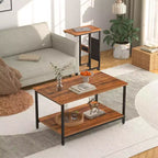 VECELO Nesting Coffee Table Set of 2, Adjustable Tables for Living Room, Nesting Table Set with USB Ports & Wheels, Brown
