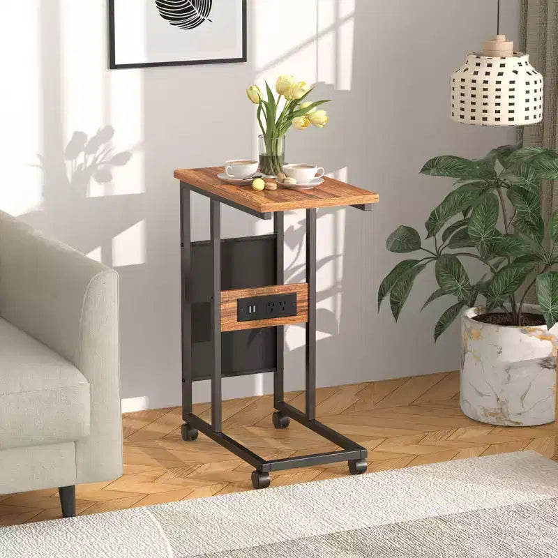 VECELO Nesting Coffee Table Set of 2, Adjustable Tables for Living Room, Nesting Table Set with USB Ports & Wheels, Brown