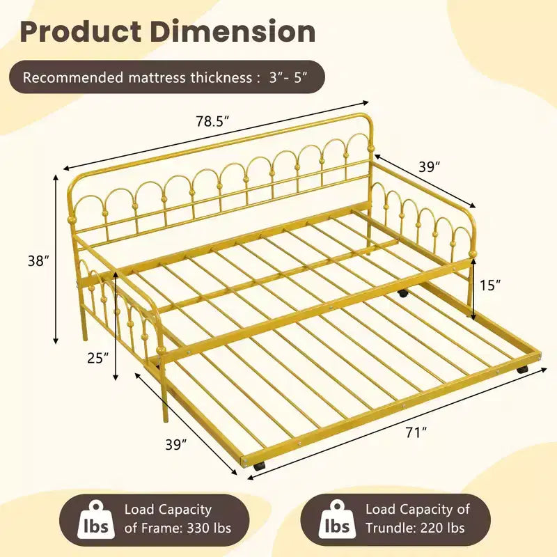 Costway Twin Size Metal Daybed with Trundle Space-Saving Sofa Bed Lockable Wheels Gold