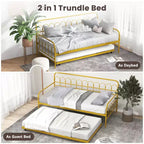 Costway Twin Size Metal Daybed with Trundle Space-Saving Sofa Bed Lockable Wheels Gold