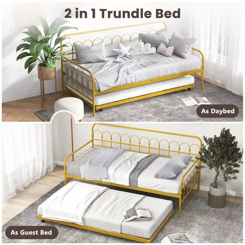 Costway Twin Size Metal Daybed with Trundle Space-Saving Sofa Bed Lockable Wheels Gold