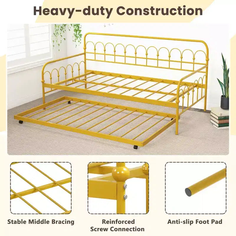 Costway Twin Size Metal Daybed with Trundle Space-Saving Sofa Bed Lockable Wheels Gold