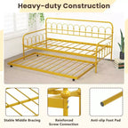 Costway Twin Size Metal Daybed with Trundle Space-Saving Sofa Bed Lockable Wheels Gold