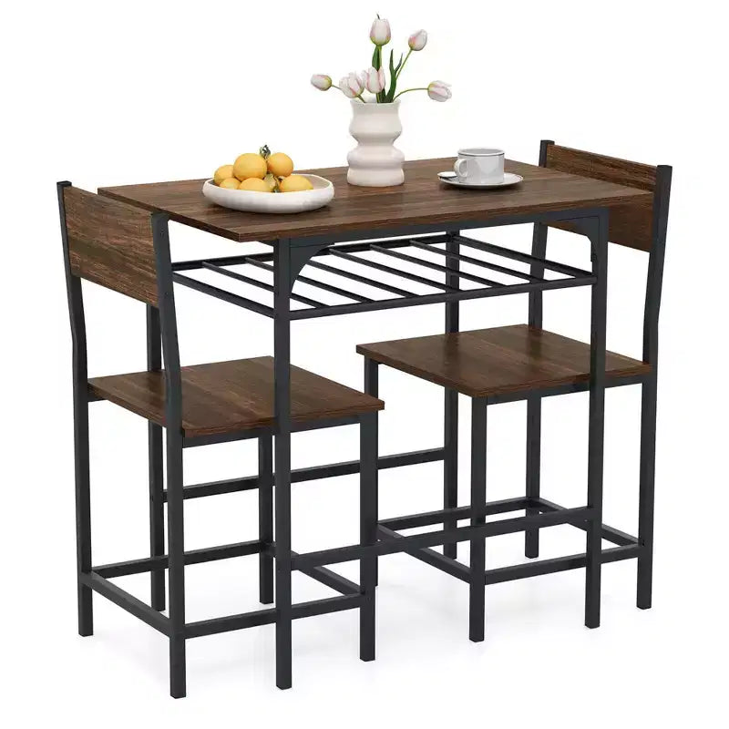 Costway 3-Piece Wood Rectangular Table & Chair Set Dining Table Set with Metal Frame Brown/Gray