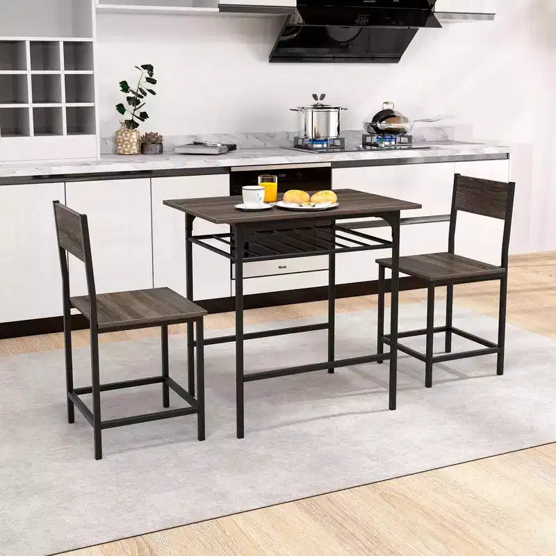 Costway 3-Piece Wood Rectangular Table & Chair Set Dining Table Set with Metal Frame Brown/Gray