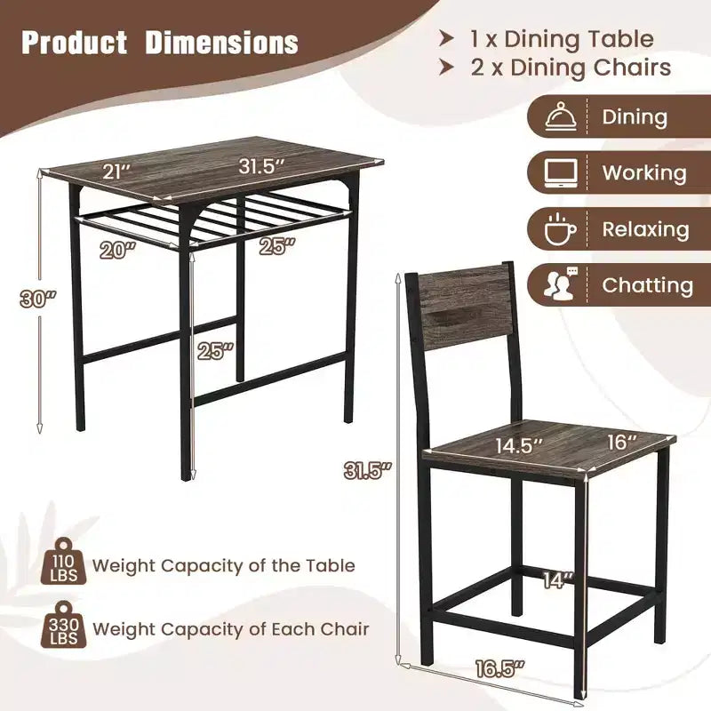 Costway 3-Piece Wood Rectangular Table & Chair Set Dining Table Set with Metal Frame Brown/Gray