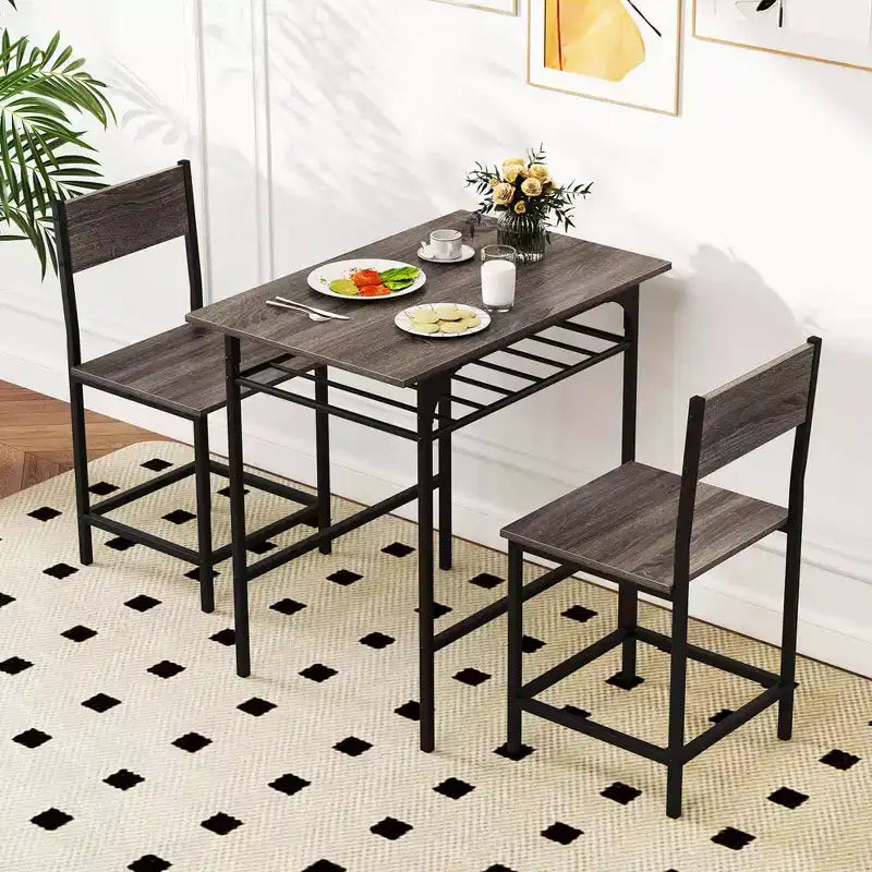 Costway 3-Piece Wood Rectangular Table & Chair Set Dining Table Set with Metal Frame Brown/Gray