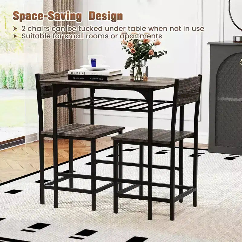 Costway 3-Piece Wood Rectangular Table & Chair Set Dining Table Set with Metal Frame Brown/Gray